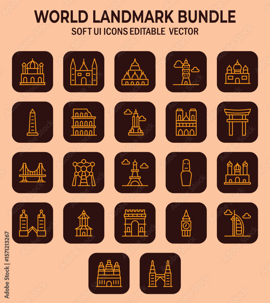 Poster diverse global architectural icons, landmarks representing various cultures, designed as soft user i