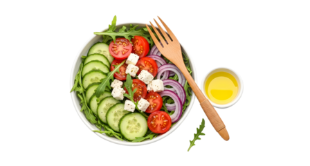 Fresh greek salad recipe healthy eating and mediterranean diet tips on transparent background