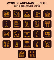 Diverse global architectural icons, landmarks representing various cultures, designed as soft user interface elements