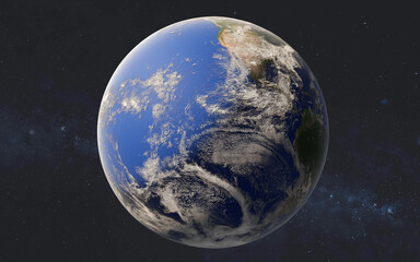 A view of Earth from space reveals its curved horizon, swirling cloud formations, and sunlit oceans, framed by the vast cosmic backdrop. Elements of this 3D render illustration were furnished by NASA