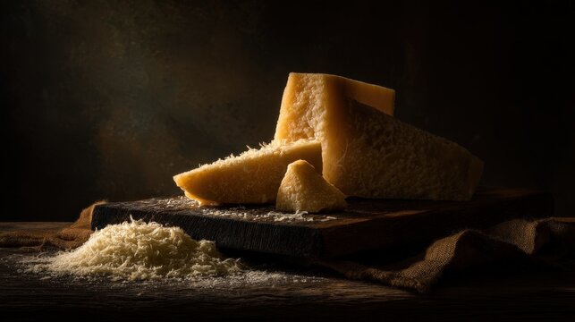 Mature cheese blocks and grated cheese on rustic wooden board in moody lighting