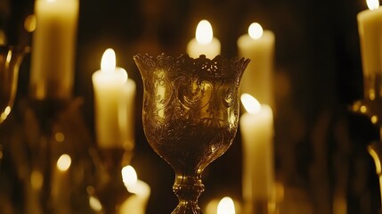 Ornate golden candleholder with glowing candles.
