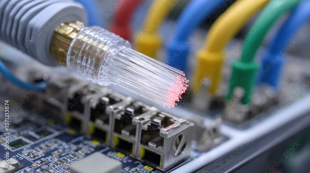 Poster closeup image capturing the moment a fiber optic connector is engaged with a network switch illustra
