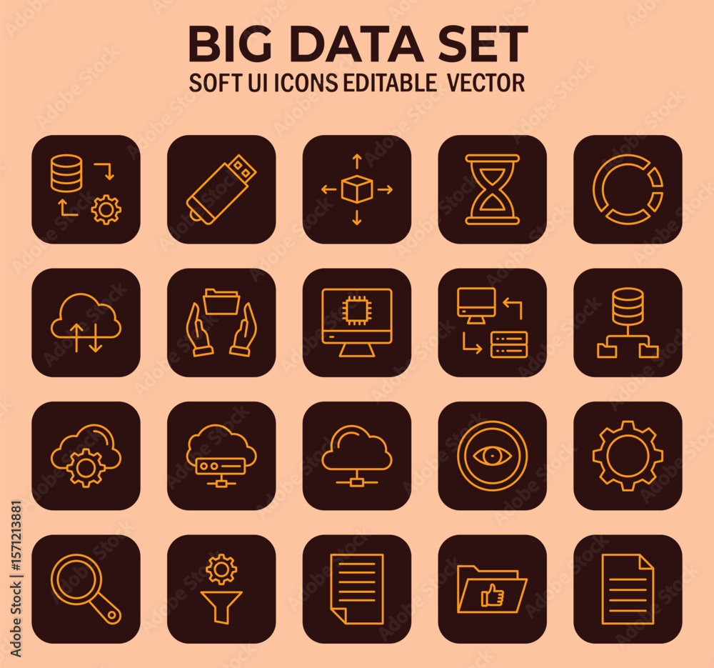 Poster collection of outlined vector icons illustrating various data and information technology concepts in