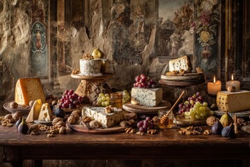 Elegant cheese and fruit spread on a rustic wooden table in a dimly lit setting