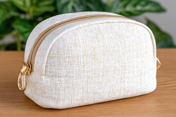 Cream-colored, woven cosmetic bag with gold hardware