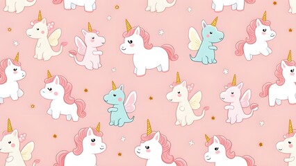 Seamless Pink Pattern with Cute Unicorns and Flying Baby Dragons in Kawaii Style

