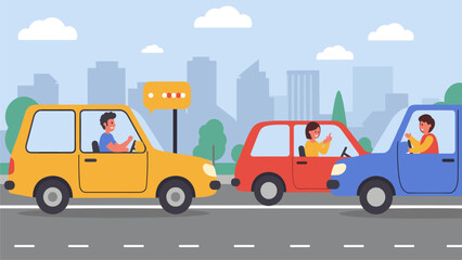 City Street Traffic Scene with Cars and Drivers Illustration