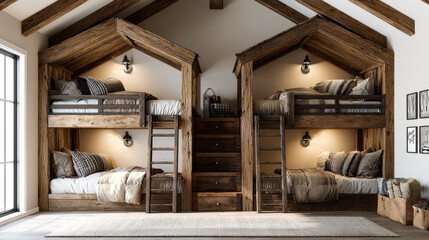 Cozy rustic bunk bed dormitories with wooden accents and unique house-shaped beds