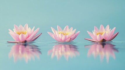 On a smooth blue surface, three pink lotus flowers are floating