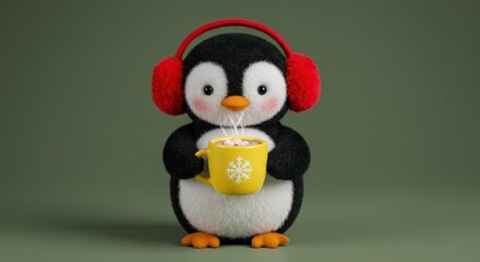 Cute penguin with red earmuffs drinks hot cocoa