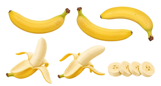Fresh yellow bananas whole peeled and sliced for healthy eating diet on transparent background - Powered by Adobe