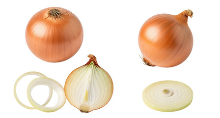 Golden onion bulbs sliced and whole fresh onion cooking ingredient on transparent background