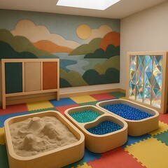 A colorful and inviting sensory room with play areas and creative wall art.