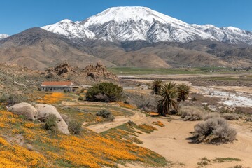 Desert valley panorama with wildflowers and mountains