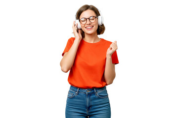 young student girl with headphone on white
