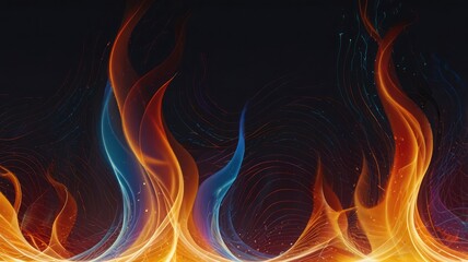 Fototapeta premium Abstract depiction of stylized flames in shades of orange, yellow, and blue against a dark background.