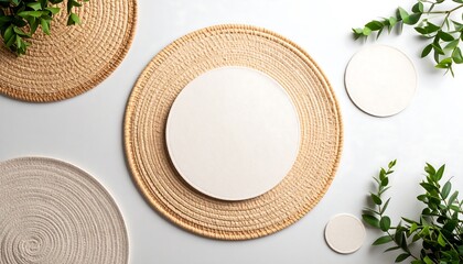 Table Setting with Round Placemats and Plates on a White Background