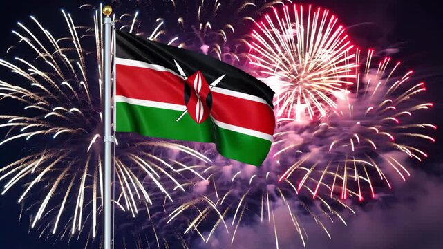 National flag independence state Kenya, background fireworks. AI Generative