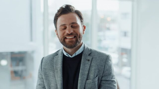 Business man, face and happy at office with pride, career and insurance broker for job at company. Person, risk management and portrait with smile, professional and confident at agency in Portugal