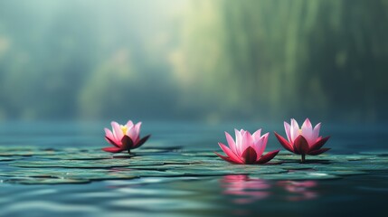 In a calming minimalist illustration, gentle water ripples and soft focus combine to create a serene background that incorporates soft pastel blues and earthy neutrals, complemented by floating lotus