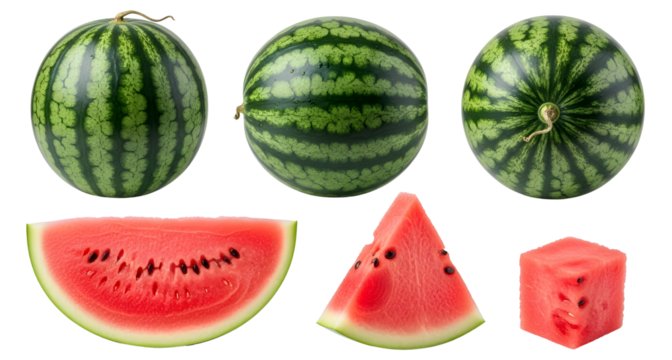 Fresh watermelon fruit slices whole and cut summer fruit isolated on transparent background