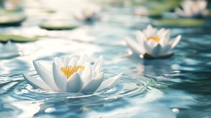 Serene lotus flowers surrounded by swirling water ripples are portrayed in soft blues and whites