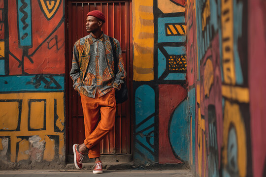 AI-generated image – A stylish young man of color stands confidently in front of a vibrant, abstractly painted wall and a rustic door, showcasing urban fashion and cultural aesthetics.