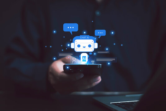 AI chatbots with virtual assistant tools and icons representing business, technology, and customer support, while also generating content and communicating through on-screen chat boxes