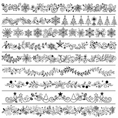 Decorative floral and snowflake borders in black and white style  