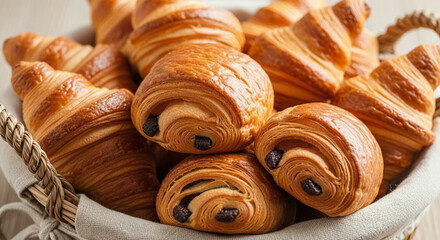 A rustic display with a basket full of fresh croissants and another with artisanal bread loaves