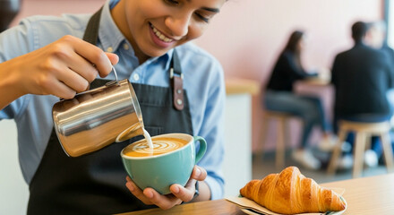 Barista creating coffee and breakfast menu in cafe