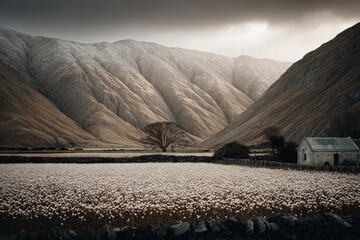 A valley scene with a field of white flowers, dramatic mountains