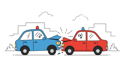 Naklejka premium Cartoon Illustration of a Car Accident - Simple Line Art Style