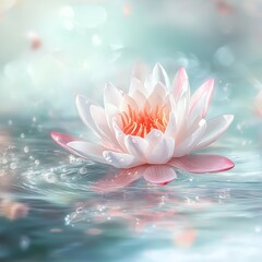 This watercolor painting features a pink lotus flower in bloom amidst lily pads in a pond
