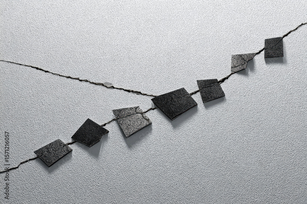 Poster cracked ceramic tile fragment balanced arrangement textured surface abstract pattern gray background