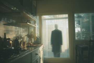 Mysterious figure stands in bright kitchen behind sheer curtains in the evening light