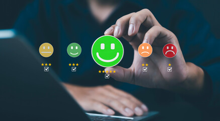 Businesspeople rate their satisfaction and praise the products and excellent service, customer care of employees. to express opinions and give 5 star	