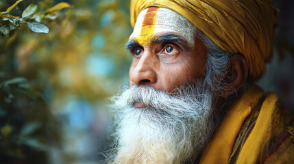 Portrait of Indian sage with golden tilak and white beard wearing yellow turban in natural outdoor setting, showing calm and thoughtful expression