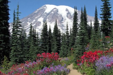 Mountain peak, wildflowers, and forest. Lush wildflowers in vibrant pinks, reds, and purples carpet a trail leading to a snow-capped mountain. Tall evergreens line the path
