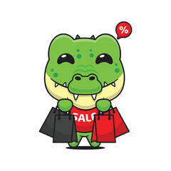 cute crocodile with shopping bag in black friday sale cartoon vector illustration