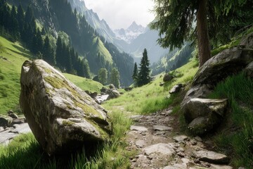 Lush alpine valley path.  Rocky terrain leads into a verdant valley flanked by towering peaks