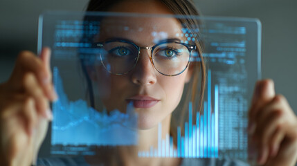 Professional Woman with a Holographic Interface: A businesswoman interacting with a transparent digital tablet in a modern office.