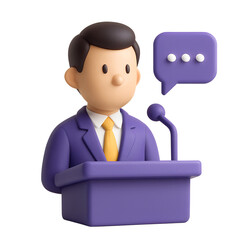 Cartoon Man Giving a Speech at a Podium with Microphone and Speech Bubble, Business Presentation and Communication