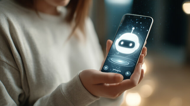Futuristic Customer Service Chatbot: A close-up of a smartphone displaying an AI character for customer support or virtual assistance.