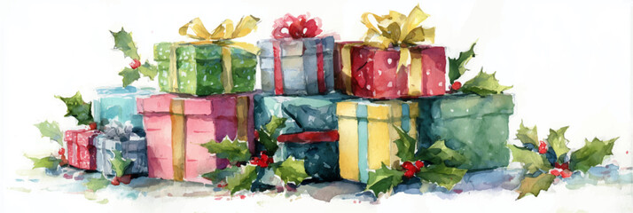 Vector illustration, Christmas gift box watercolor, banner for presentation.
