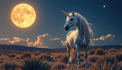 Naklejka premium A unicorn with a white mane stands in a clearing under the moonlight.