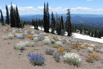 Mountain meadow ablaze with wildflowers, snow patches