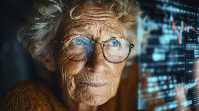 Elderly woman with glasses looking thoughtfully at digital stock market interface, showing data and charts with modern, bright, and futuristic atmosphere