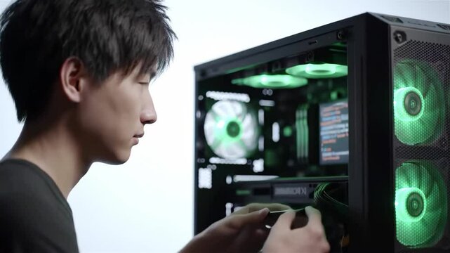 Young asian man building a custom gaming pc with green rgb lighting in a clean modern style
